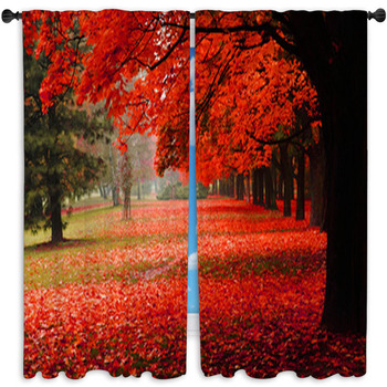 Red Autumn In The Park Standard Size Window Curtains