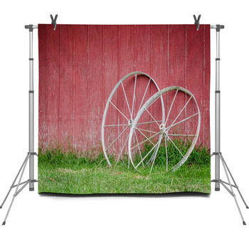 Red Barn With Wagon Wheels Fleece Backdrop