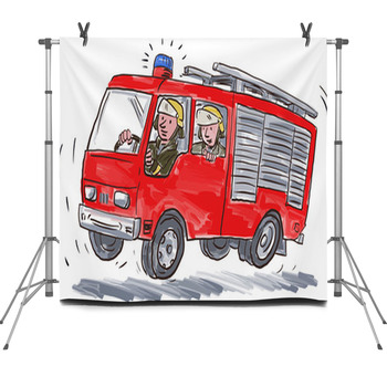 Red Fire Truck Fireman Caricature Fleece Backdrop