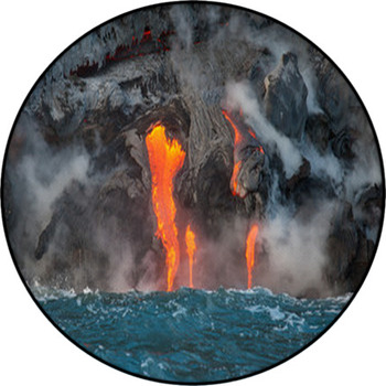 Red Hot Lava Flowing Into Pacific Ocean On Round Rug