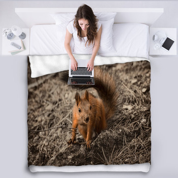 Red Squirrel Seating On The Earth. Fleece Blanket