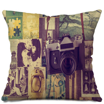 Retro Camera Hanging On The Wall With Throw Pillow