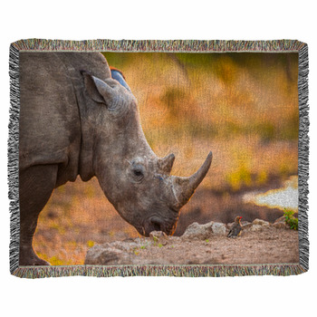 Rhino And Tiny Bird Woven Throw Blanket