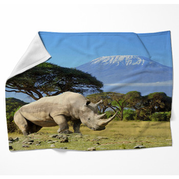Rhino In Front Of Kilimanjaro Woven Throw Blanket