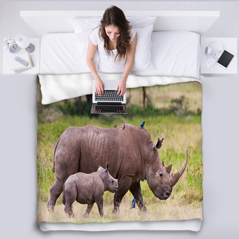 Rhinoceros With Her Baby, Lake Nakuru, Fleece Blanket