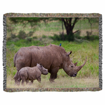Rhinoceros With Her Baby, Lake Woven Throw Blanket