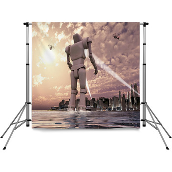 Robot Gigante Llegando Por El Mar Pole Pocket Backdrop