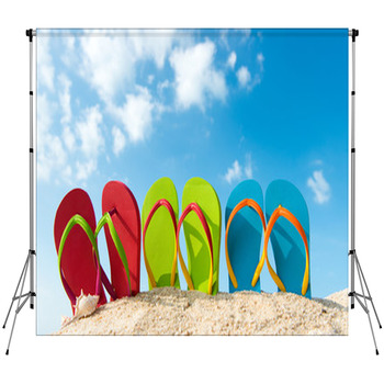 Row Of Colorful Flip Flops On Beach Fleece Backdrop