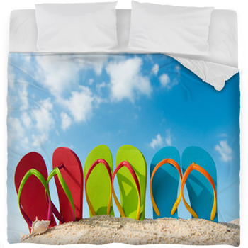 Row Of Colorful Flip Flops On Beach Fleece Bed Blanket