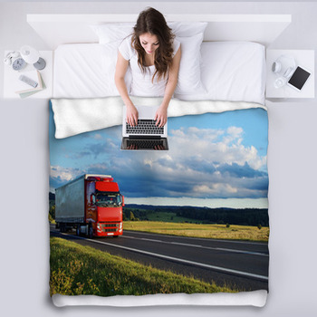Rural Landscape With Road And Moving Red Fleece Blanket