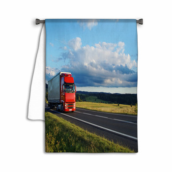 Rural Landscape With Road And Moving Red Truck Towel