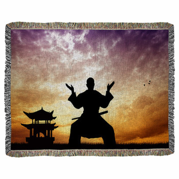 Samurai Ninja At Sunset Woven Throw Blanket