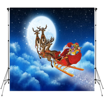 Santa Claus On Reindeer Flying Through Fleece Backdrop