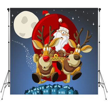 Santa-Claus On Sleigh With Reindeers Fleece Backdrop