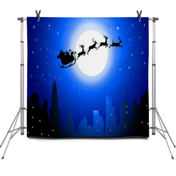 Santa Sleigh And Reindeer Silhouette Fleece Backdrop
