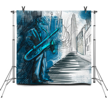 Sax Player Full Sized Hand Drawing Fleece Backdrop