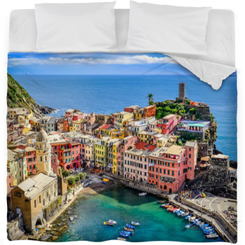 Scenic View Of Ocean And Harbor In Fleece Bed Blanket