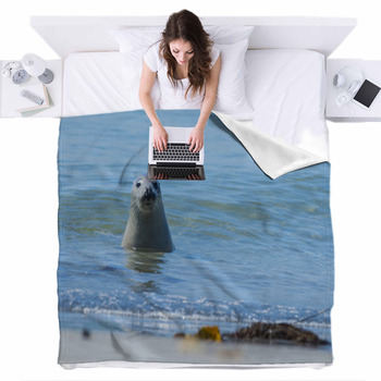 Seal On A Blue Beach Fleece Bed Blanket