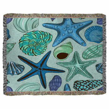 Seamless Pattern Of Seashells And Woven Throw Blanket