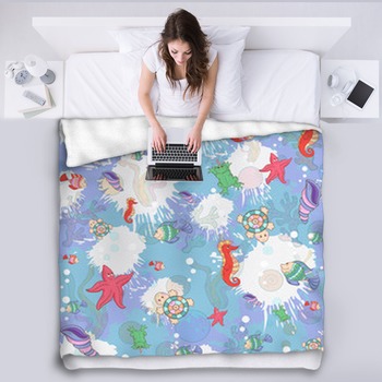 Seamless Pattern With Sea Inhabita Fleece Blanket