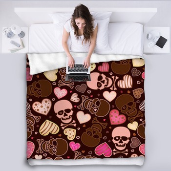 Seamless Pattern With Skull And Heart Fleece Blanket