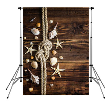 Seashells Border On Wood. Marine Pole Pocket Backdrop