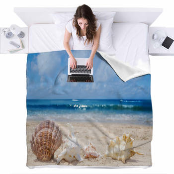 Seashells On A Beach Fleece Bed Blanket