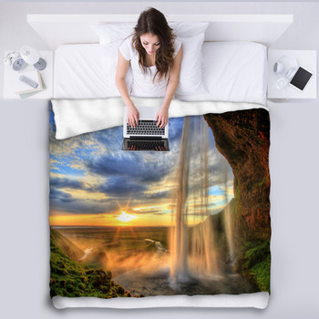 Seljalandfoss Waterfall At Sunset In HDR,  Fleece Blanket