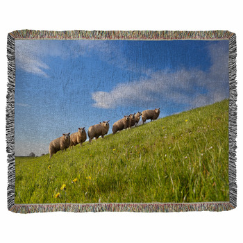 Sheep Herd On Green Summer Pasture Woven Throw Blanket