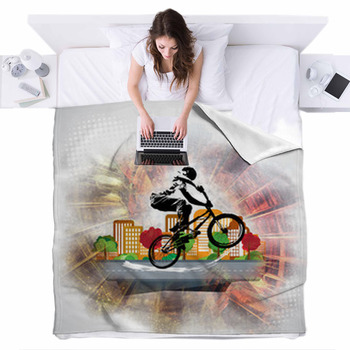 Silhouette Of A Bicycle Rider Fleece Bed Blanket