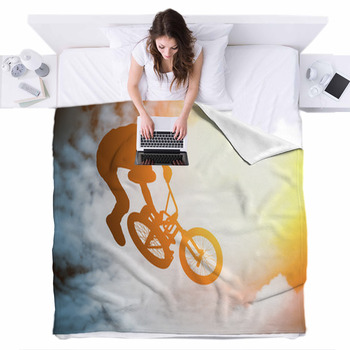 Silhouette Of A Man With Bike Fleece Bed Blanket