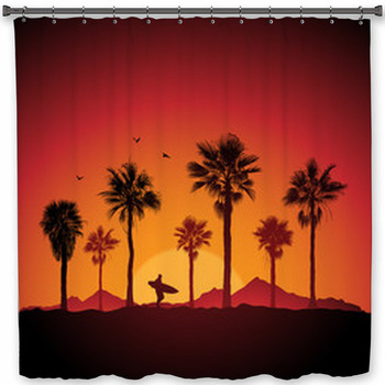 Silhouette Of A Surfer And Palm Trees At Shower Curtain