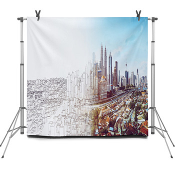 Sketch And Real Mix Urban Cityscape Fleece Backdrop