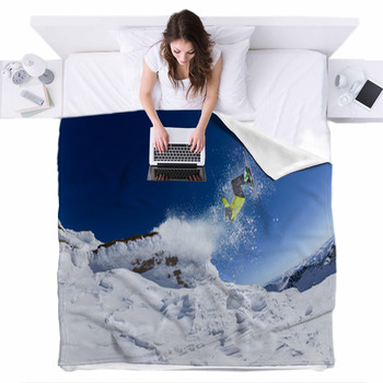 Skier In High Mountains Fleece Bed Blanket