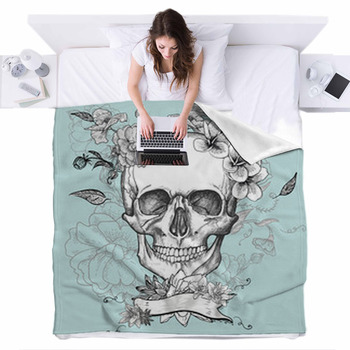 Skull And Flowers Day Of The Dead Fleece Bed Blanket
