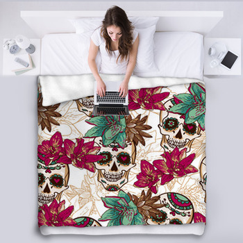 Skull, Hearts And Flowers Seamless Fleece Blanket