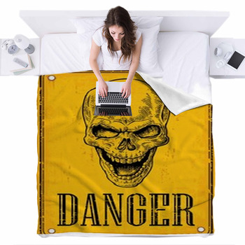 Skull On Sign Danger Fleece Bed Blanket