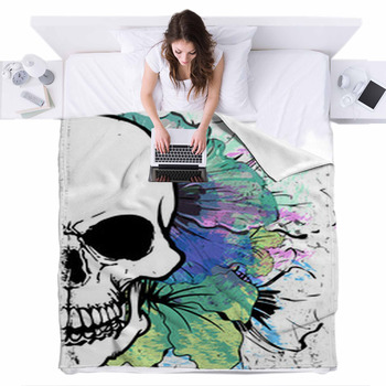 Skull Watercolor T Shirt Graphic Fleece Bed Blanket