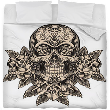 Skull With Roses Fleece Bed Blanket