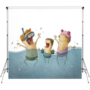 Smiling Family Enjoying In The Pool Fleece Backdrop