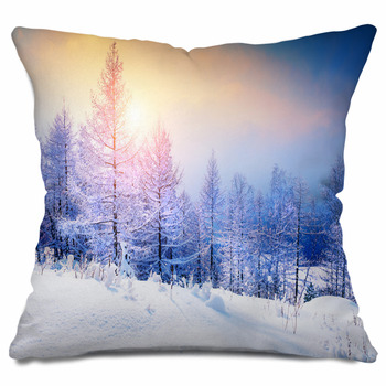 Snow Covered Trees In Winter Forest At Throw Pillow