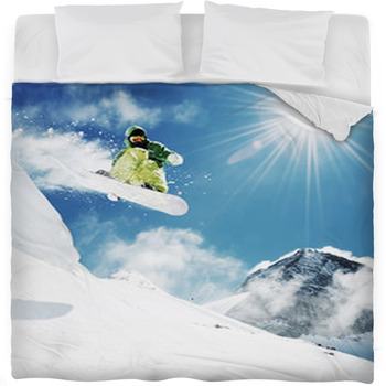 Snowboarder At Jump Inhigh Mountains Fleece Bed Blanket