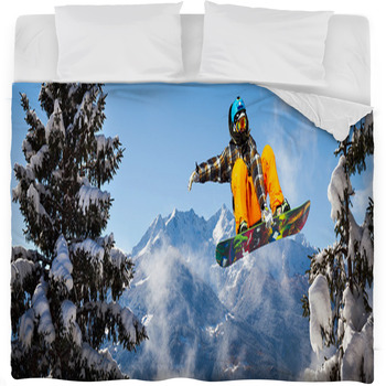 Snowboarder In The Trees Fleece Bed Blanket