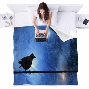 Stars And Tree With A Raven On It. Fleece Bed Blanket
