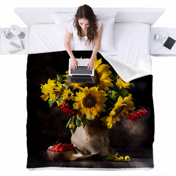 Still Life With Sunflowers In A Vase Fleece Bed Blanket