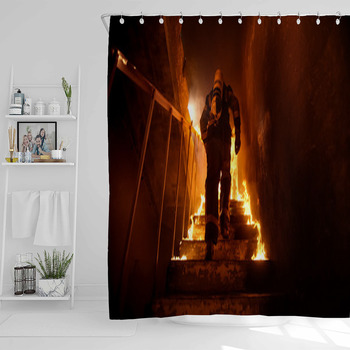 Strong And Brave Firefighter Going Up The  Shower Curtain