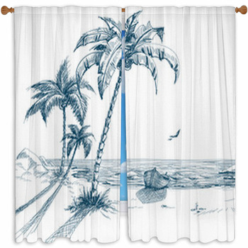 Summer Beach With Palm Trees Custom Size Window Curtain