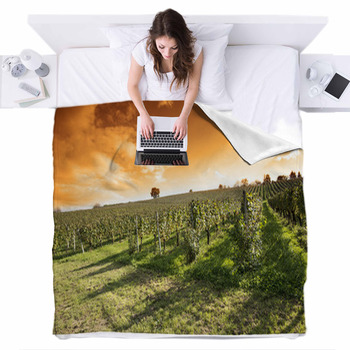 Summer Evening Vineyard Fleece Bed Blanket