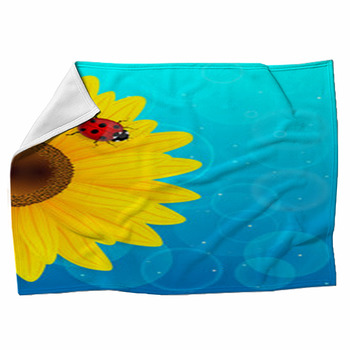 Sunflower And Ladybird On Blue Background. Fleece Blanket