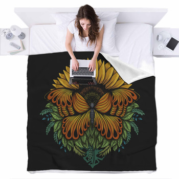 Sunflower Butterfly Vector Fleece Bed Blanket
